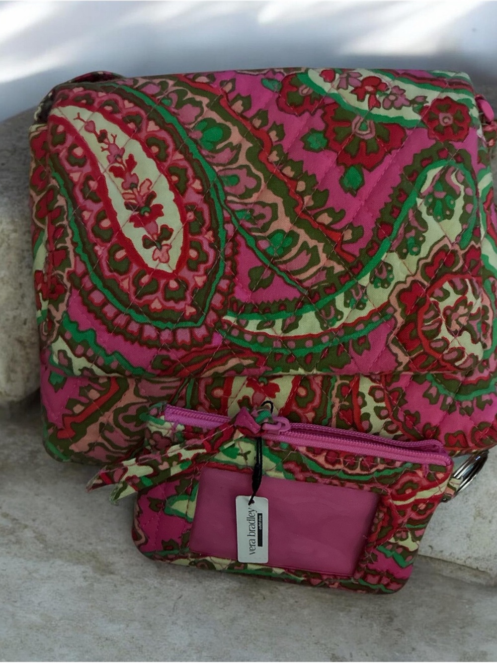 Vera Bradley Pink Paisley Quilted Crossbody with Green Accents